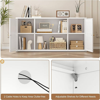 LCAOPC Metal TV Stand for 65 Inch TV, Farmhouse TV Entertainment Center with Storage Cabinets and Adjustable Shelves, Modern Media TV Console Table, TV Cabinet for Living Room, White