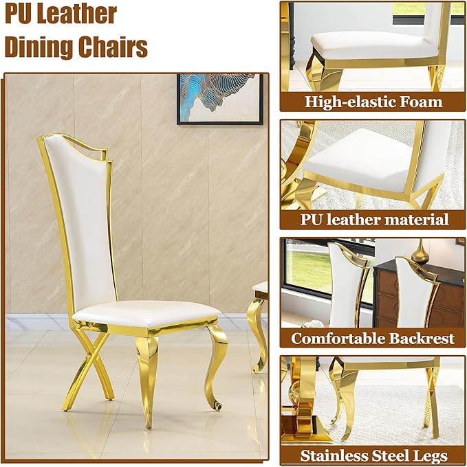7-Piece Modern Luxury Dining Table Set, 70" Black Tempered Glass Dining Table with Gold Polished Stainless Steel U-Shaped Pedestal Base, 6 White PU Leather X-Leg Dining Chairs, for Dining Room
