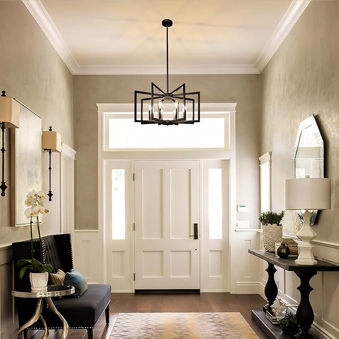 Sigaitwei 8-Light Large Black Chandelier,Dining Room Light Fixture Geometric Metal Modern Chandelier,Hanging Industrial Metal Chandelier for Kitchen Island Entryway Stairway Foyer Hallway.