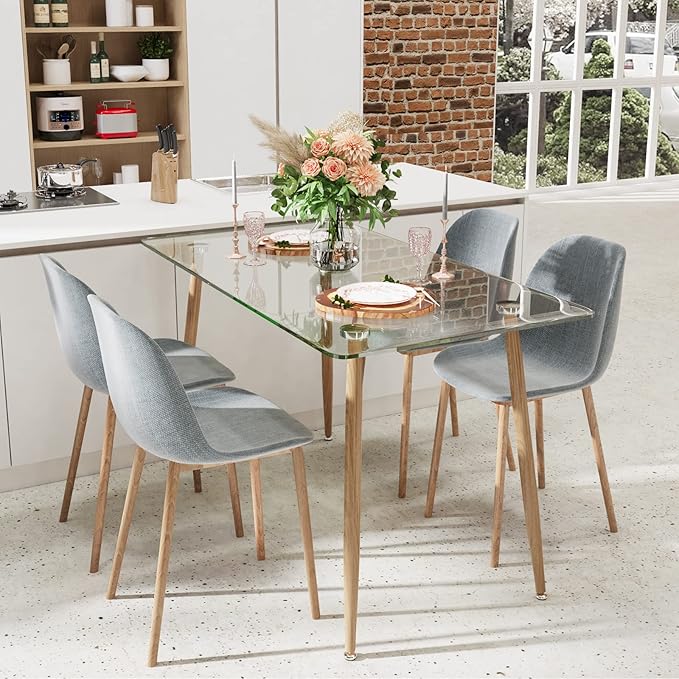 Moccha 51” Glass Dining Table, Modern Rectangular Table with Spacious Tempered Glass Tabletop & Wood Grain Metal Legs, Adjustable Foot Pads, Transparent Kitchen Table for Home Office