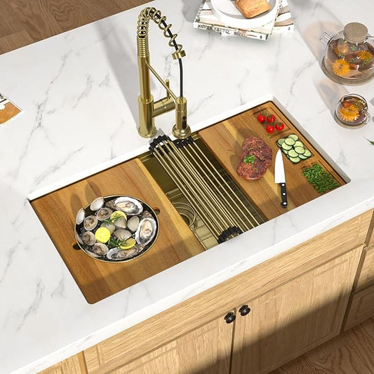 36 Gold Undermount Kitchen Sink - Workstation All-In One 16 Gauge Stainless Steel Single Bowl Handmade Large Sink for Kitchen with Mixing Board and Pasta Strainer #TLU-0050