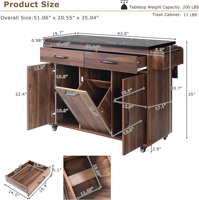 RUNNA Kitchen Island with Trash Can Storage Cabinet, Kitchen Cart with Drop Leaf, Spice Rack, Towel Rack and Drawer, Rolling Kitchen Island on Wheels with Adjustable Shelf (Walnut Brown~81)