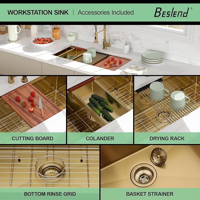 36x19 Undermount Gold Kitchen Sink - Beslend Stainless Steel Ledge Workstation Kitchen Sinks Gold Sink 16 Gauge Single Bowl Underount Basin