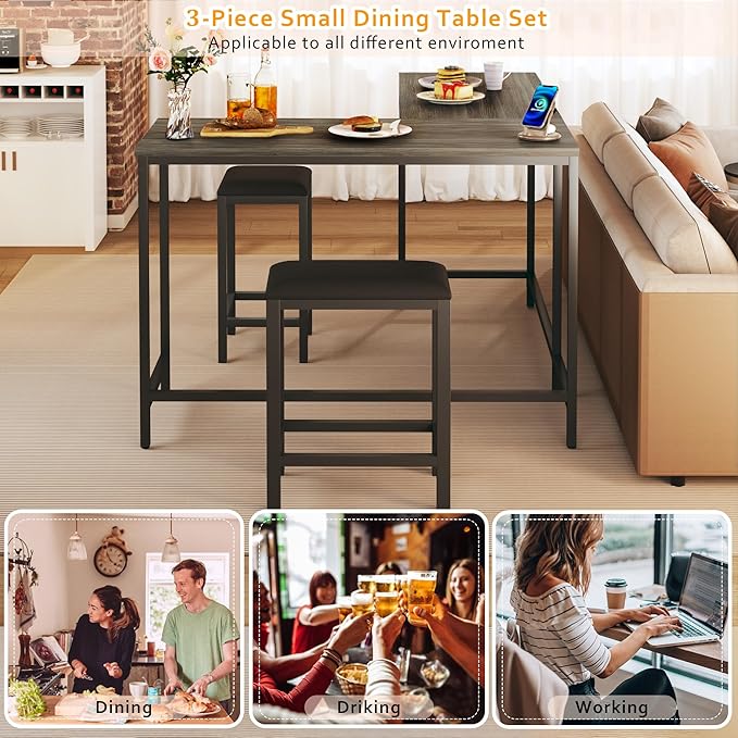 HUAHUU L Shaped Bar Table with 2 Stools, 63‘’ Bar Height Table with Power Outlets, Convertible Corner Counter Height Bar Table, Rectangular High Top Table for Small Spaces, Breakfast Nook, Grey Oak