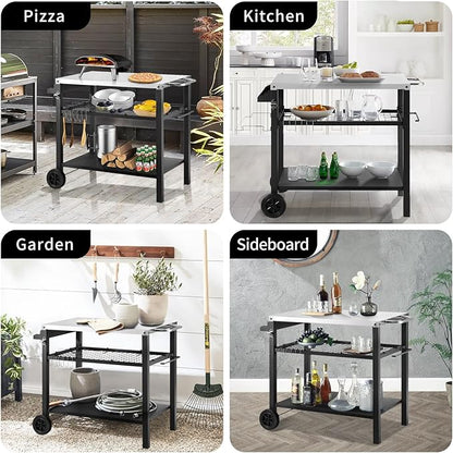 Kendane Grill Cart Table with Three Shelf, Movable Outdoor Dining Cart Pizza Oven Stand with Three Hooks, Kitchen Cart Island Multifunction Food Prep Table (Sliver)