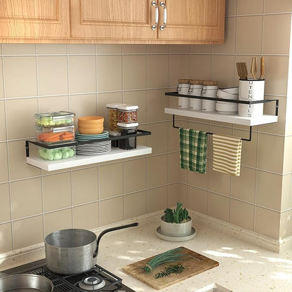 White Wood Floating Shelves Wall Mounted - 2+1 Tier Rustic Bathroom Wall Shelves Over Toilet with Towel Bar, Natural Wood Set of 2 Farmhouse Floating Shelf for Bathroom, Kitchen, Bedroom.