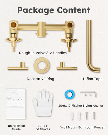 WOWOW Wall Mount Tub Filler: Gold Tub Faucet High Flow Two Handles Solid Brass, Long Spout Reach,Tub Faucet Bathroom Bathtub Faucets with 2 Handles Tub Faucets with Brass Rough in Valve Included