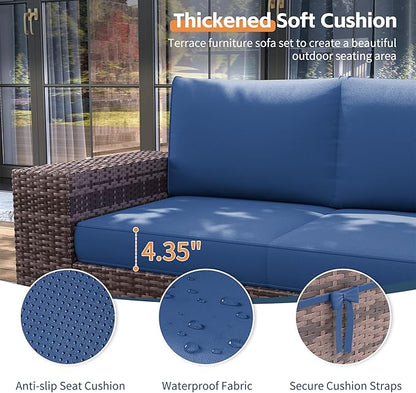 UDPATIO Patio Furniture Set with Fire Pit Table, 8 Inch Armrest 7 Piece Outdoor Sectional Sofas, All-Weather Wicker Conversation for Garden, Backyard, Brown/Navy Blue