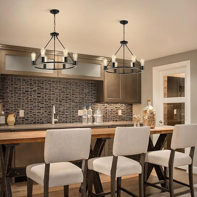 Black Chandelier, 6-Light Dining Room Light Fixture, Round Farmhouse Wagon Wheel Chandeliers for Dining Room Living Room Entryway Kitchen Island Dia 24"