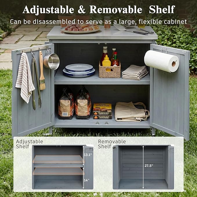 JIJIWANG 42.1" Outdoor Kitchen Island with Stainless Steel Top and Side Shelf, Outdoor Grill Cart with Storage Cabinet and Adjustable Shelves, Kitchen Cart on Wheels for Small Spaces Grey Blue