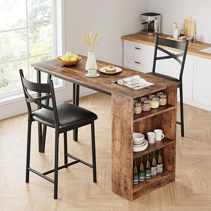 3-Piece Bar Table and Chairs Set, Extendable Kitchen Island with Storage Shelves, Counter Height Dining Table for Small Spaces, 2 Cushioned Bar Stools Included, Vintage Finish