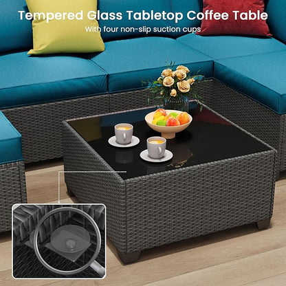 9 Piece Outdoor Patio Furniture Set with 28'' Fire Pit Table, Outdoor Sectional Furniture, Rattan & Wicker Modern Modular Conversation Set Sofa Couch W/Water Resistant Thick Cushions, Peacockblue