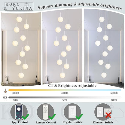KoKo&Yukina Globe Pendant Light Adjustable Hanging Light Staircase Chandelier Milk Glass Pendant Lights with Milky White Glass Shade Globe Lights for Staircase