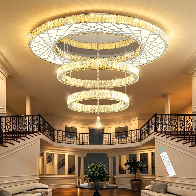 HAIXIANG 48 inch Large Size Glam Chandelier Crystal Ceiling Light for Living Room Chandeliers Lighting Fixtures with Remote Dimmable LED Light,Silver Chrome Luxury Interior Light