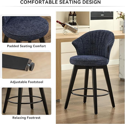 Set of 2 Wing Back Swivel Bar Stools - 25" Counter Height Adjustable Chairs with Solid Wood Legs & Stain-Resistant Chenille Upholstery, Leveling Feet for Kitchen Island, Home Pub, Blue