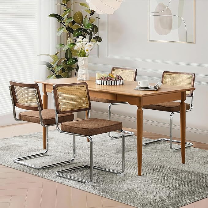 Coffee Rattan Dining Chairs Set of 6 Modern Breuer Designed Stainless Chrome Base Armless Upholstered Dining Chair for Dining Room, Kitchen Island