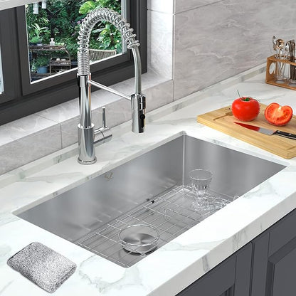 Kitchen Sinks 32x18 Inch Undermount Kitchen Sink Stainless Steel Sink 16 Gauge Single Bowl Set (5 Item Bundle: Sink, Bottom Grid, Drain Assembly, Drain Cap, Towel)