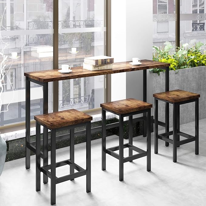 Merax 4 Piece Counter Height Extra Long Dining Pub Kitchen Table Set with 3 Stools, Bar Side-Table with Footrest, Brown