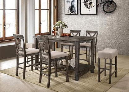 Weathered Grey Counter Height Table with Bottom Shelf, Rustic Farmhouse Kitchen Dining Table, 36 Inch High Bar Table with Storage Shelf for Small Spaces, Kitchen Island, Dining Room