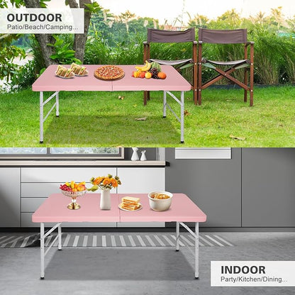 Portable 4Ft Adjustable Height Plastic Folding Table, Heavy Duty Fold-in-Half Table with Carrying Handle, Small Utility Foldable Table for Picnic Party Camping BBQ, Indoor/Outdoor (Pink)