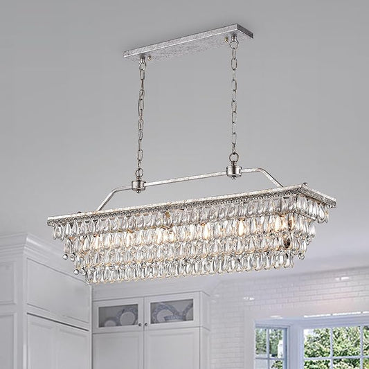 Edvivi Rectangular Linear Crystal Chandelier 40 in. W, 6 Lights Luxury Glam Adjustable Ceiling Lighting Fixture with 4 Rows of Teardrop Crystals for Living Dining Room Kitchen Island, Antique Silver