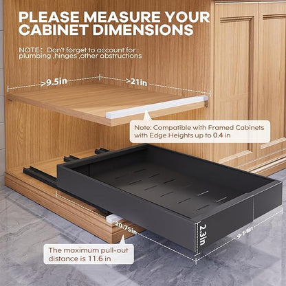 Seinloes 2 Pack Expandable (9"-14") Pull Out Cabinet Organizer 21" Deep With Raising Pad for Framed Cabinets,Upgrade 3 Slide Rails Slide Out Drawers,No Drill Roll Out Shelves Adhesive,Black