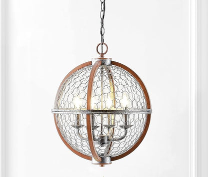 JONATHAN Y 16" Antiqued Silver/Brown 4-Light Iron Pendant Light, Rustic French Country Globe Chicken Wire Chandelier for Kitchen Island, Adjustable Height, LED Bulbs Included JYL7518A