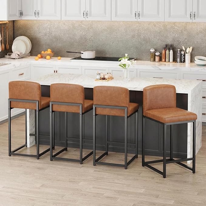GarveeHome Bar Stools Set of 6, Modern Counter Height Bar Stools with Back and Footrest, Faux Leather Upholstered Barstools Chairs for Kitchen Island Dining Room Bar, Brown