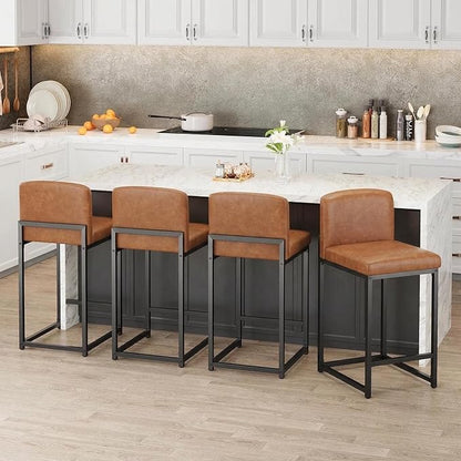GarveeHome Bar Stools Set of 6, Modern Counter Height Bar Stools with Back and Footrest, Faux Leather Upholstered Barstools Chairs for Kitchen Island Dining Room Bar, Brown