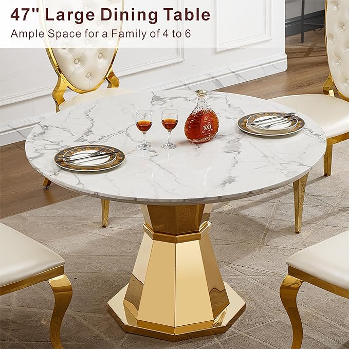 47" Round Marble Dining Table for 4-6, Luxury Modern Kitchen Table with Marble Grain MDF Tabletop & Gold Mirrored Stainless Steel Pedestal Base, Grey Stone Dinner Table for Dining Room (Table Only)