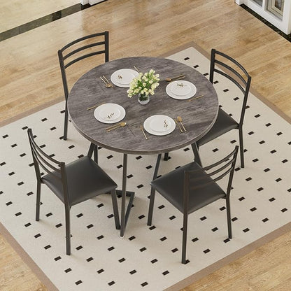 VECELO Round Dining Table Set for 4, Wood Tabletop & Heavy-Duty Steel Frame, 7-Piece Dinette with Chairs for Kitchen, Breakfast Nook, Dark Grey & Black