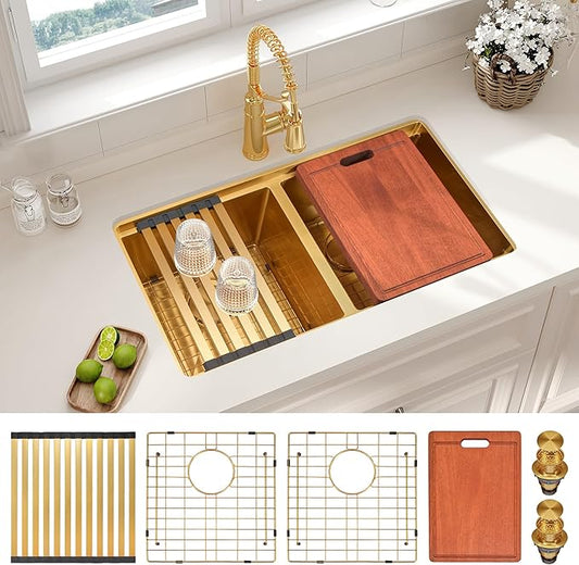LQS Gold Kitchen Sink 30 Inch, 30” x 18” Stainless Steel Undermount Kitchen Sink, 50/50 Double Bowl with Sapele Cutting Board, Sink Grids, Sink Strainers and Fordable Roll-Up Drying Rack