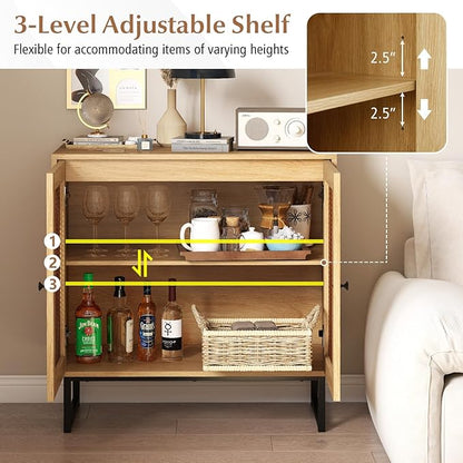 Giantex Rattan Sideboard Buffet Cabinet with Storage, Boho Sideboard with Doors & Adjustable Shelf, Small Accent Buffet Storage Cabinet with Metal Legs for Kitchen, Living Room, Entryway, Natural