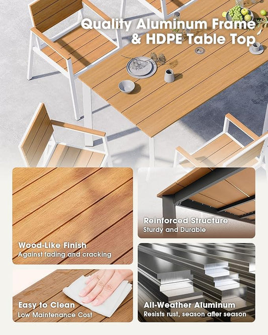 Outdoor Dining Table, Aluminum Patio HDPS Outdooor Table with Umbrella Hole, All Weather Patio Furniture Set, Patio Dining Table (White & Teak)