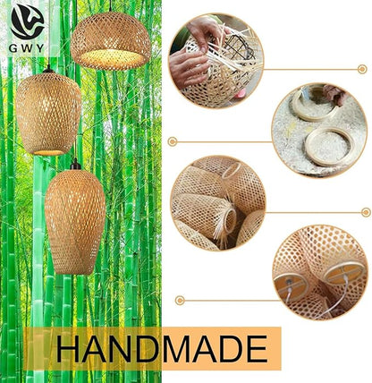 GWY Bamboo Lantern Pendant Lamp, Retro Japanese Style Nature E27 Chandelier Hanging Light Ceiling Lighting Fixture for Living Room Bedroom Restaurant Cafe Teahouse Bar Dining Room Club