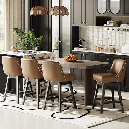MALOL Swivel Bar Stools Set of 6, 27" Counter Height Kitchen Stools with Padded Seats and Solid Wood Legs, Upholstered Barstools for Kitchen Island, Breakfast Nook (Brown)