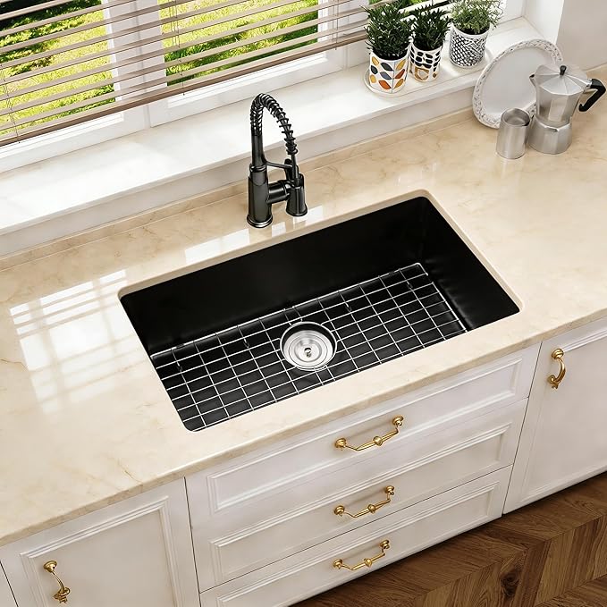 Kitsitchen Black Undermount Kitchen Sink, Granite Composite Kitchen Sink with Drain Assembly & Bottom Gird,33 Inch Quartz Stone Kitchen Sink(Black, 33"x18")