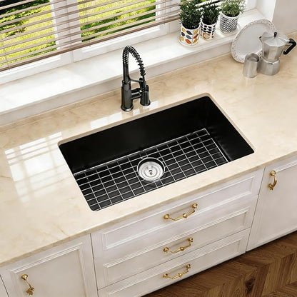 Kitsitchen Black Undermount Kitchen Sink, Granite Composite Kitchen Sink with Drain Assembly & Bottom Gird,33 Inch Quartz Stone Kitchen Sink(Black, 33"x18")