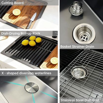 30 Inch Drop in Kitchen Sink Undermount Stainless Steel Kitchen Sinks,16 Gauge Top Mount Single Bowl Workstation Sink,Deep Handmade Kitchen Sink with Cutting Board & Strainer,Nano-coating,Black