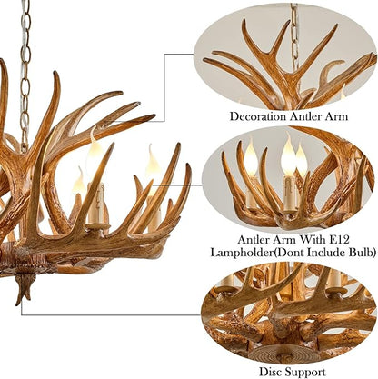 Farmhouse Antler Chandelier, Rustic Deer Antler Chandelier Lighting Fixtures, 6-Light, Vintage Deer Horn Pendant Light Fixtures for Home Bar Coffee Hotel Store (Brown 6 Light Arms+3 arms)