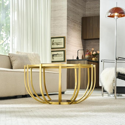 Saint Mossi 30" Glass Round Coffee Table for Living Room, Mid Century Modern 2-Tier Gold Drum Center Table, Brown Glass Top, Glass Shelf with Gold Finish Legs & Frame, W30xH16.5