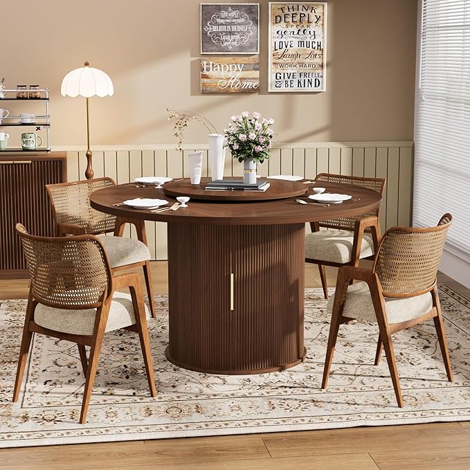 55 inch Round Dining Table for 4-6, Round Wooden Dining Table with Rotating Tabletop Tray & Sliding Door Base, Modern Farmhouse Kitchen Table with 2 Tier Storage Shelf for Kitchen Living Room, Walnut