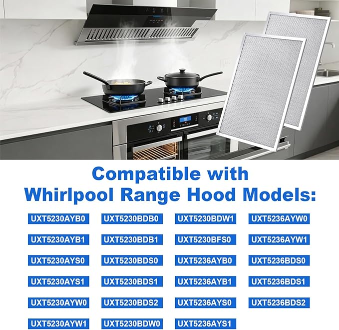 2PCS W11177751 W10419114 Aluminum Grease Range Hood Filters Compatible With Whirlpool, Replaces W10834041 W11176974 4547137 AP6285612 PS12348521 EAP12348521