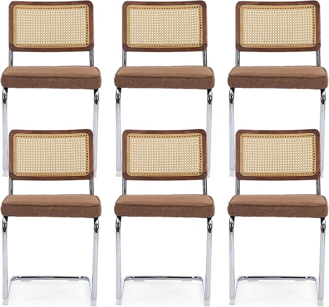 Coffee Rattan Dining Chairs Set of 6 Modern Breuer Designed Stainless Chrome Base Armless Upholstered Dining Chair for Dining Room, Kitchen Island