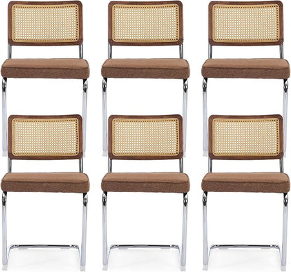 Coffee Rattan Dining Chairs Set of 6 Modern Breuer Designed Stainless Chrome Base Armless Upholstered Dining Chair for Dining Room, Kitchen Island