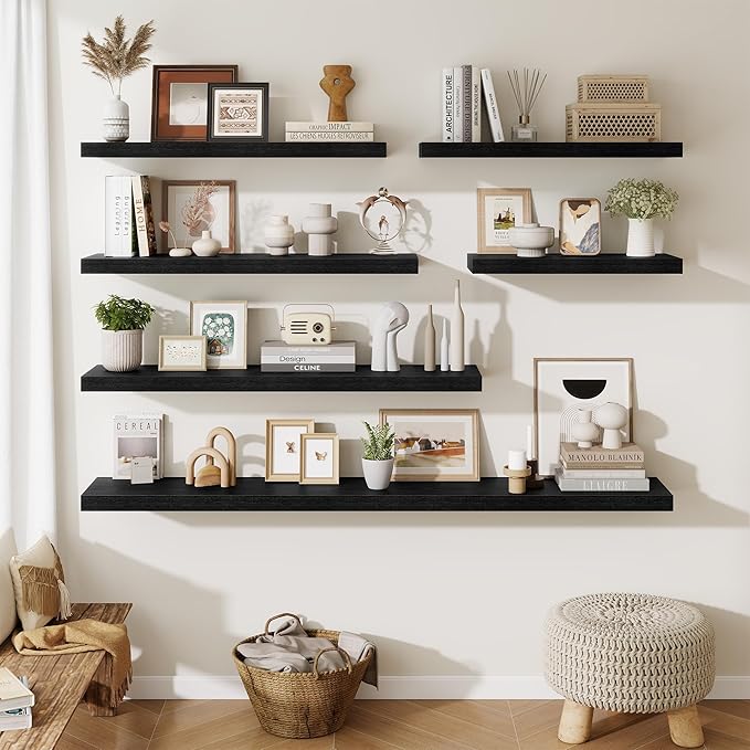 Fun Memories Floating Shelves for Wall, 32 Inch Long Floating Shelves Set of 2, 32 x 10 Wooden Shelves for Wall, Large Storage Shelves, Hanging Shelves for Bathroom Kitchen Bedroom, Black