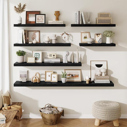 Fun Memories Floating Shelves for Wall, 30 Inch Long Floating Shelves Set of 2, 30 x 10 Wooden Shelves for Wall, Large Storage Shelves, Hanging Shelves for Bathroom Kitchen Bedroom, Black