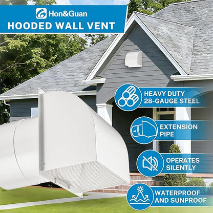 [Upgraded] Hon&Guan 10 Inch Hooded Wall Vent with Magnetic Seal Flap and Removable Mesh, Arc-Shaped 10'' Exhaust Vent Cover Cap for Kitchen Range Hood/Dryer/Bathroom Exhaust (Galvanized Steel, White)