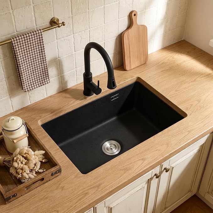 MILOSEN Black Undermount Kitchen Sink, 30''x18'' Single Bowl Granite Comoposite Kitchen Sinks, Large and Deep Sinks with Custom Accessories, Drop in Quartz Sink