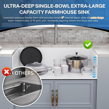33 White Farmhouse Sink Reversible Workstation, Hugsleek Undermount Farm Kitchen Sink 33x20 inch Apron Front White Porcelain Ceramic Fireclay Sinks Single Bowl Under Counter Farmer Basin Accessories